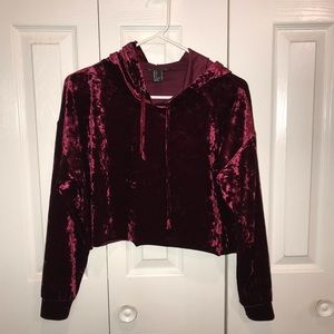 Maroon velvet cropped hoodie